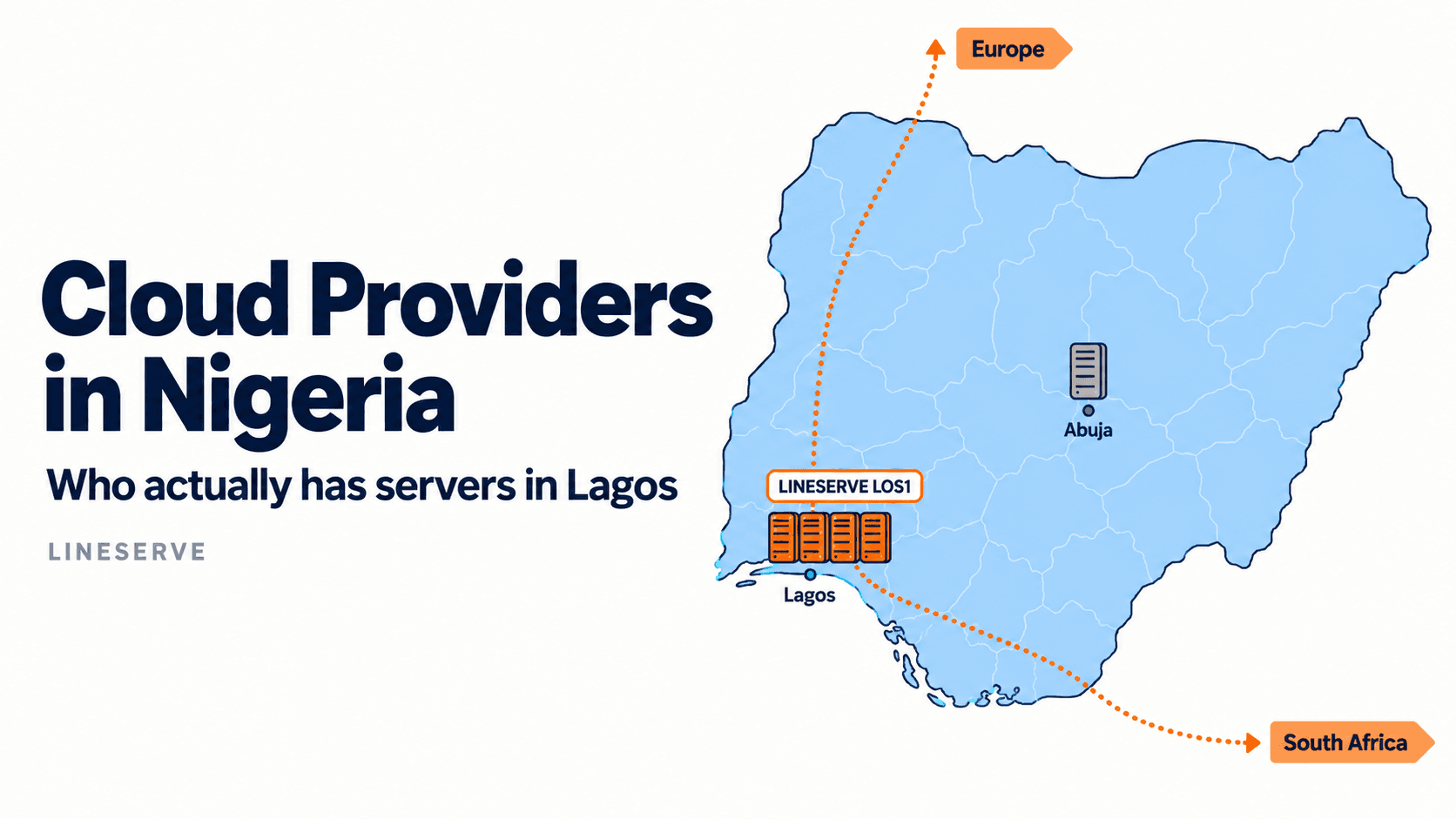Featured image: the headline "Cloud Providers in Nigeria" and the subtitle "Who actually has servers in Lagos" beside a blue map of Nigeria, with an orange cluster of server racks at Lagos tagged "LINESERVE LOS1", a single grey rack at Abuja, and dotted lines leaving Lagos towards Europe and South Africa