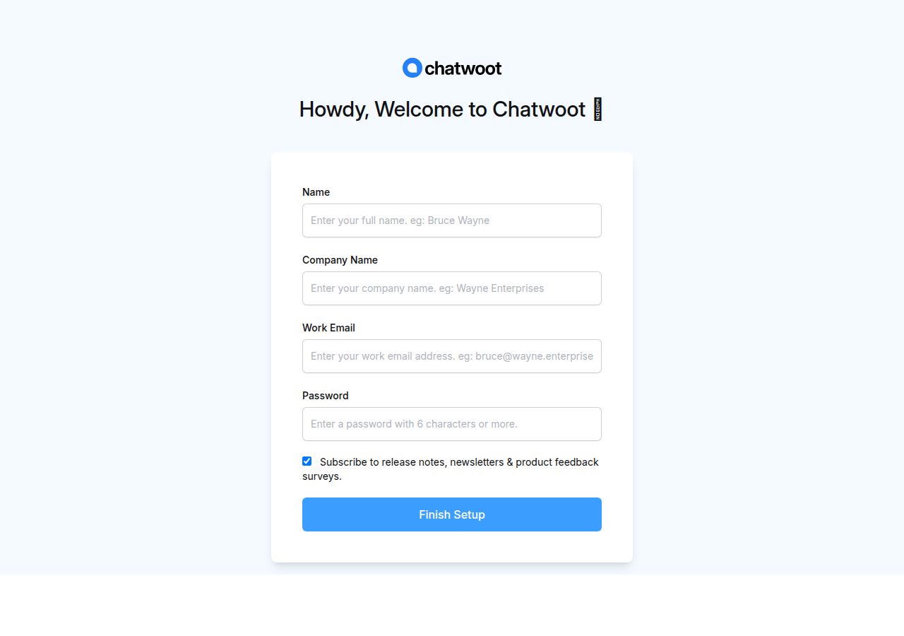 Chatwoot first-run screen with fields for name, company name, work email, and password