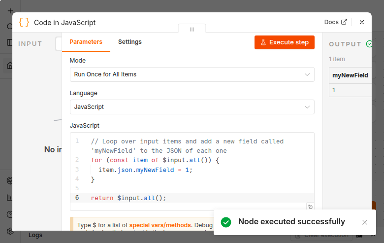 The Code node's default JavaScript, executed, with myNewField: 1 in its output