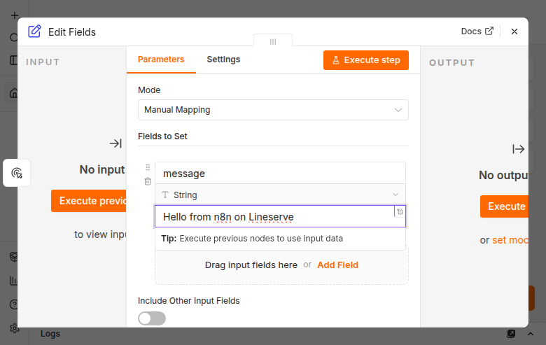 The Edit Fields node configured with a single field named