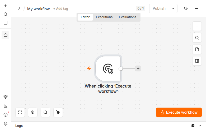 The manual trigger node placed on an otherwise empty canvas, with a + to add the next step