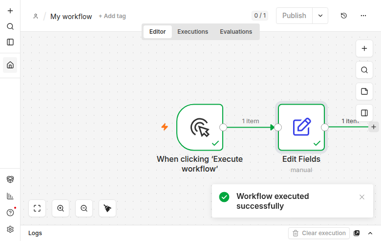 The two-node workflow after execution, both nodes marked with a green checkmark