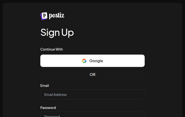 The Postiz sign-up screen with fields for email, password and company name