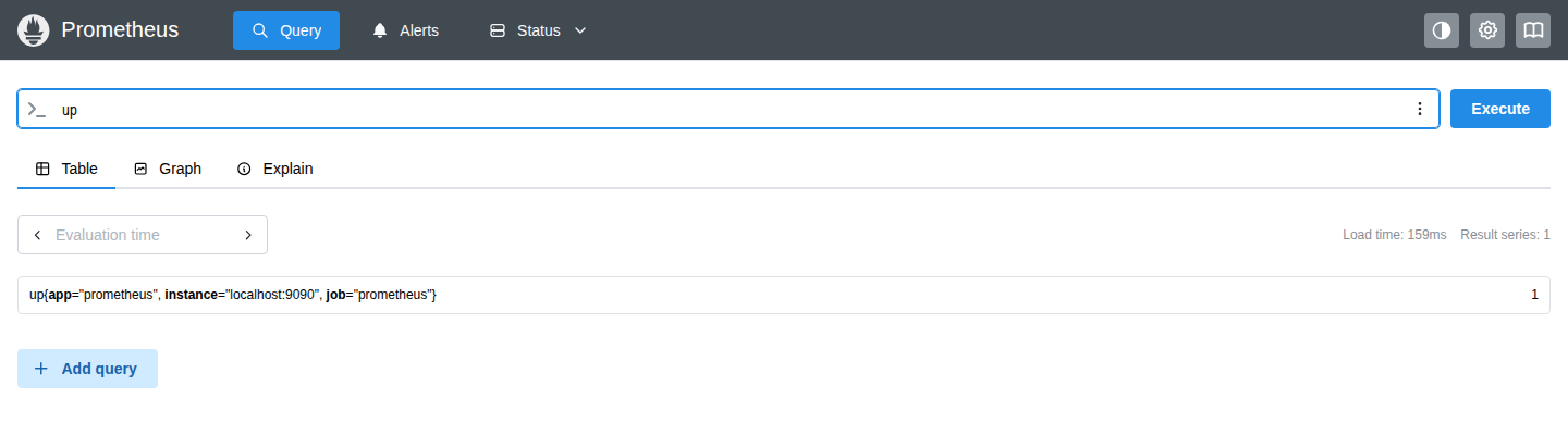 Prometheus expression browser on the Query page, Table tab, showing up equals 1 for the localhost:9090 target
