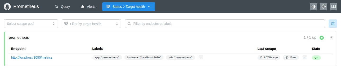 Prometheus Target health page showing the prometheus scrape job with one endpoint, localhost:9090/metrics, in state UP