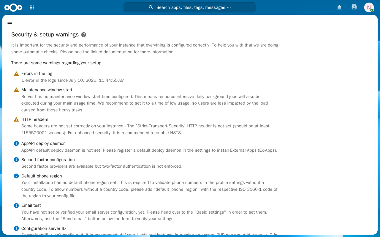 The Nextcloud Security and setup warnings page listing warnings for maintenance window start, a missing Strict-Transport-Security HTTP header, and a missing default phone region
