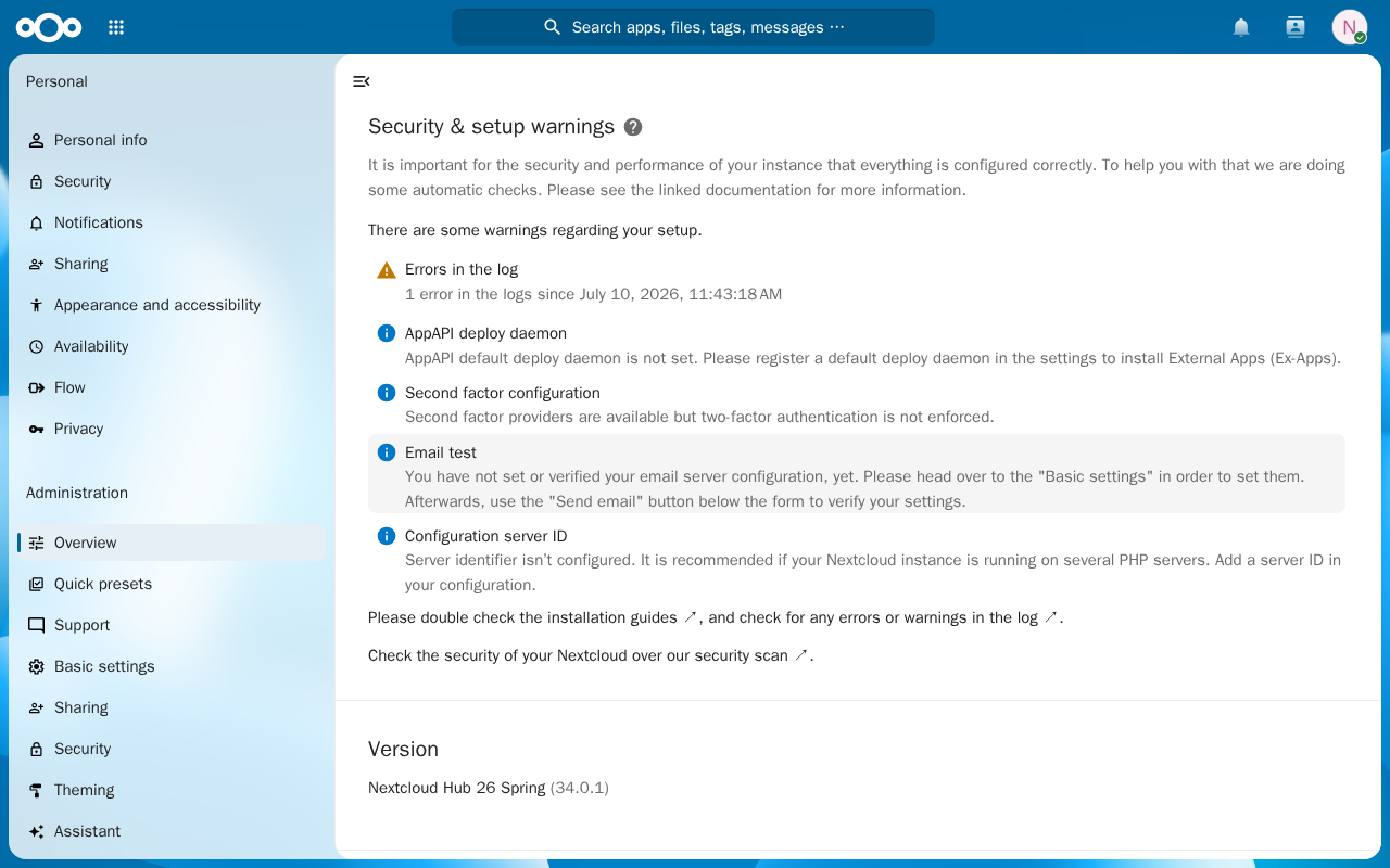 The Nextcloud Security and setup warnings page after the fixes, with the maintenance window, HTTP header and phone region warnings resolved and only informational notices remaining