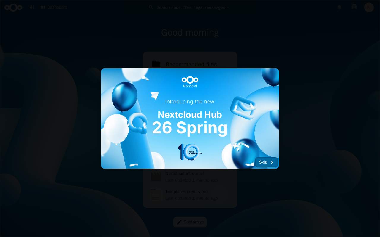 The Nextcloud dashboard after first login, showing the welcome widget and app launcher