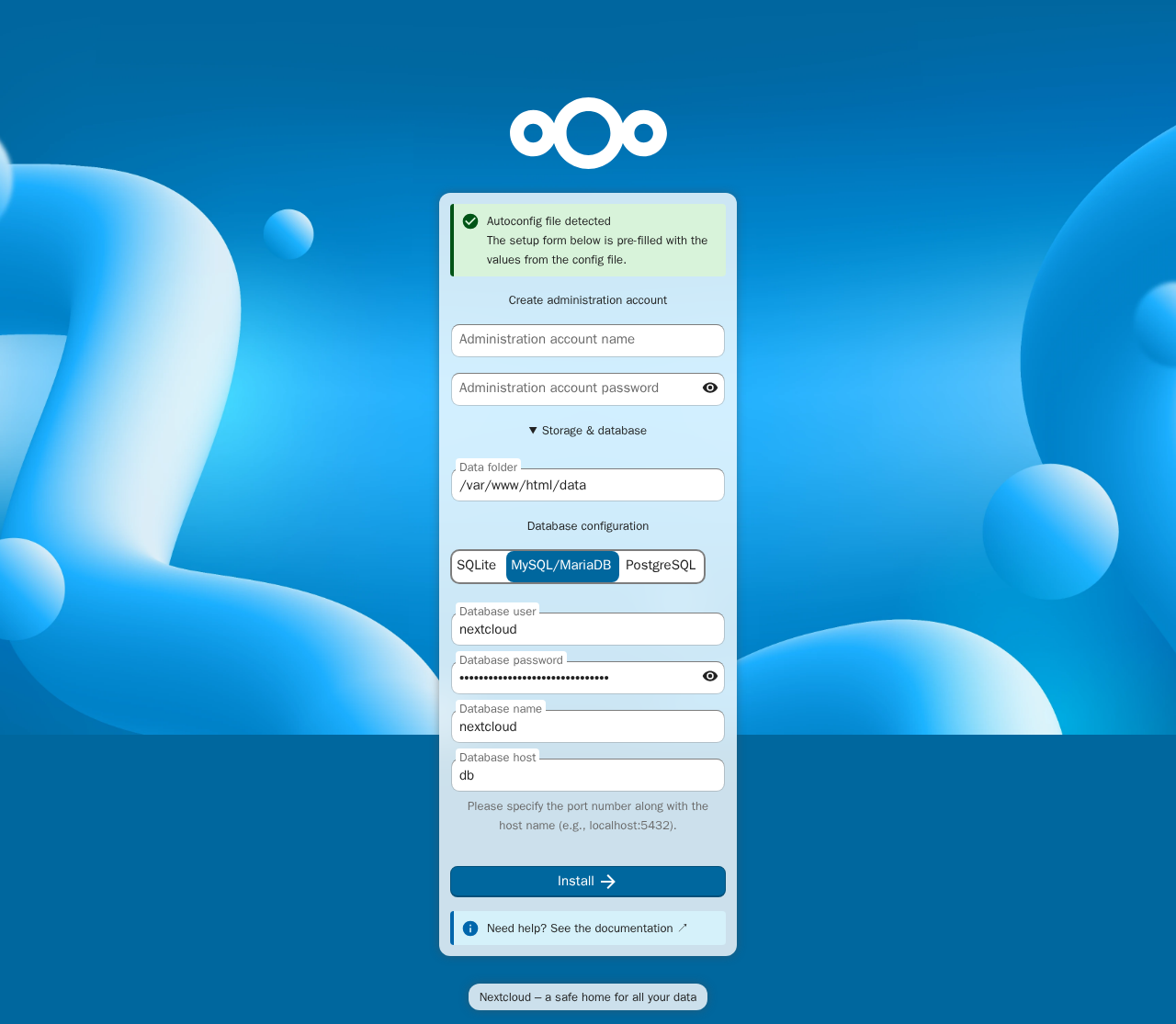 The expanded Storage and database section of the Nextcloud wizard, showing MySQL/MariaDB already selected, database user and name 