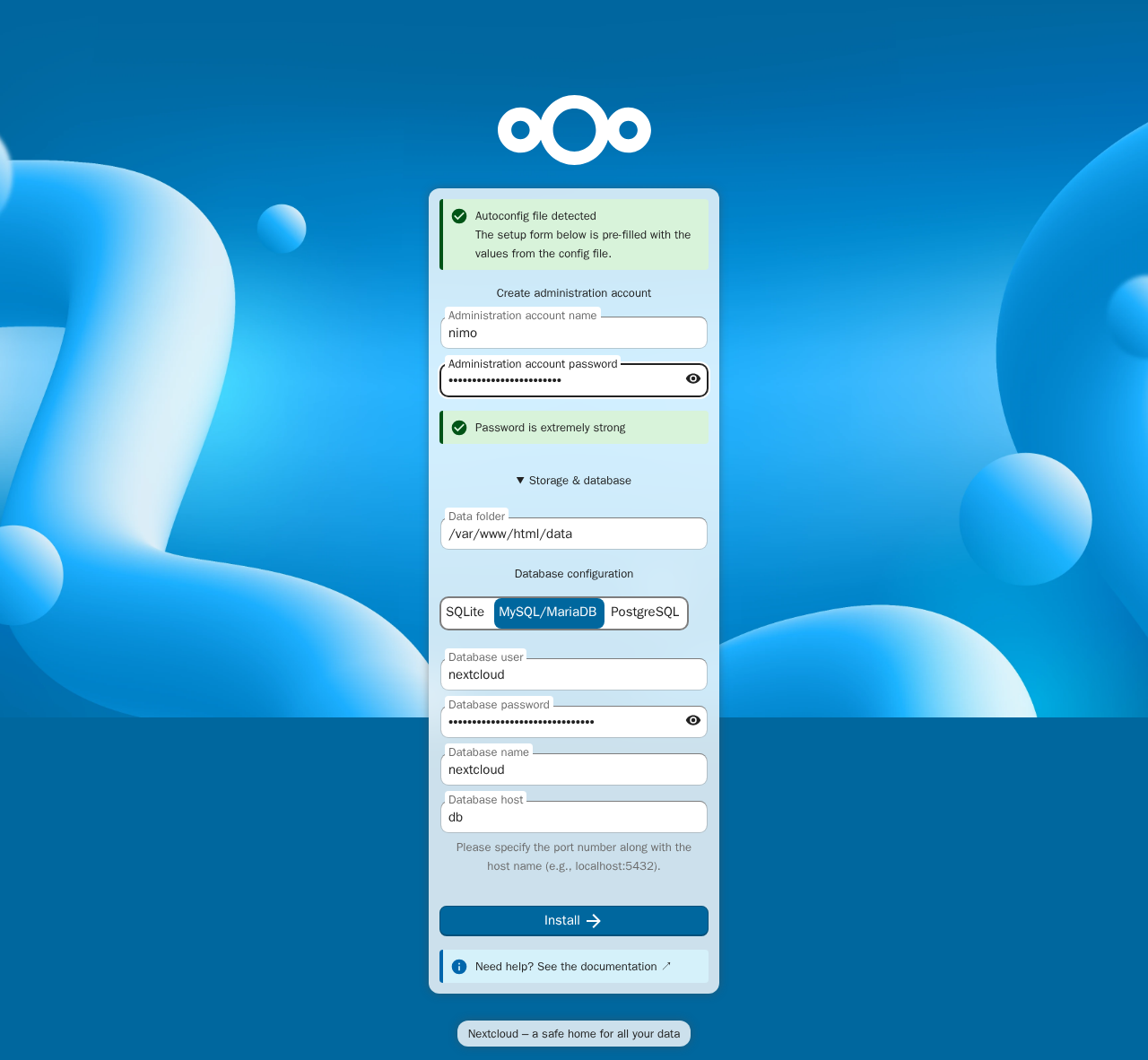 The Nextcloud setup screen with the administration account name 