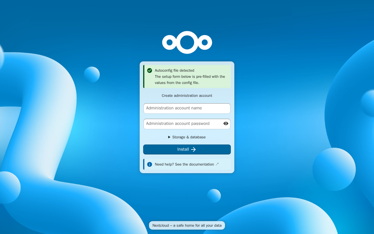 The Nextcloud setup screen in a browser, showing 