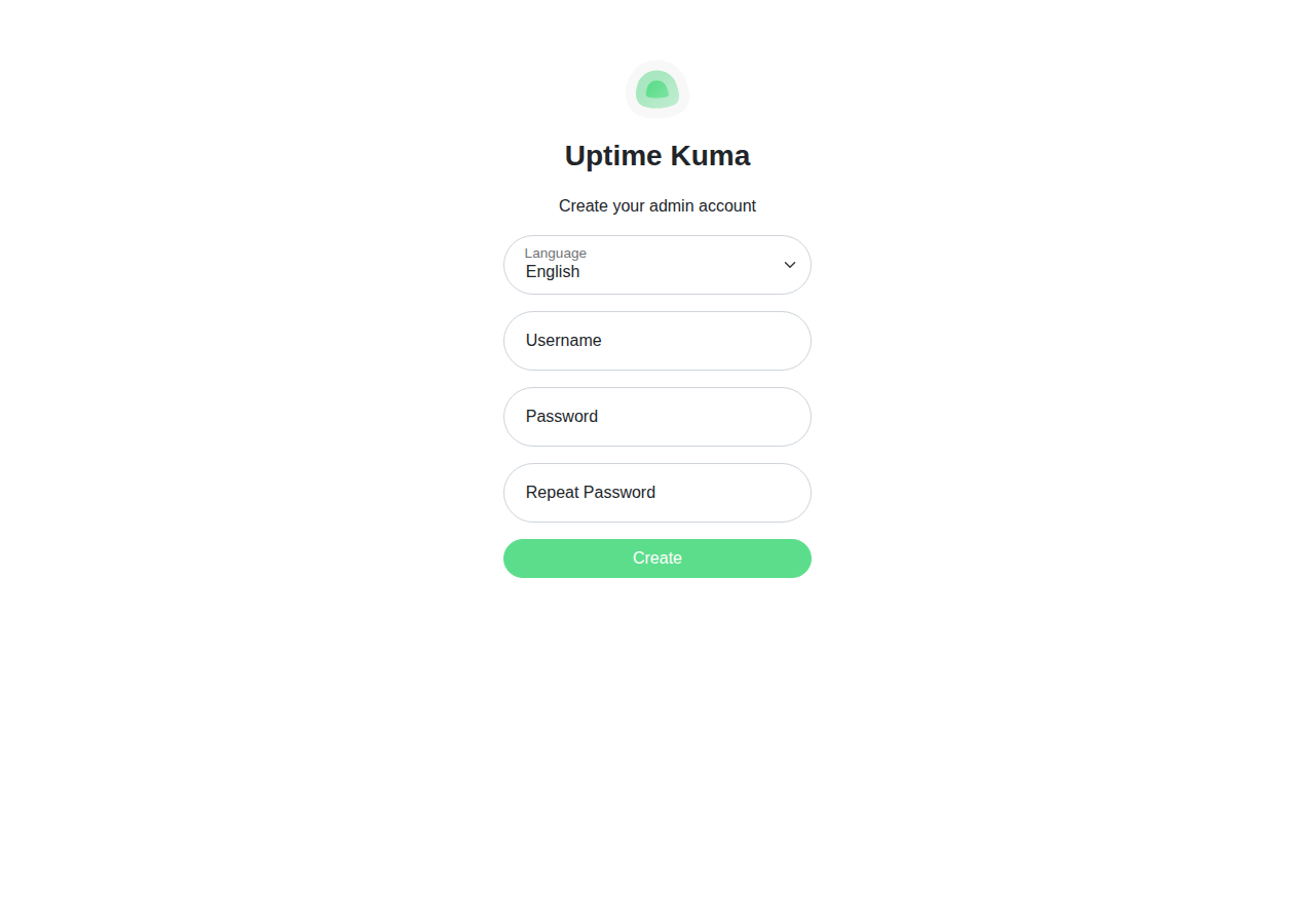 Uptime Kuma first-run setup screen: Create your admin account, with language, username, and password fields