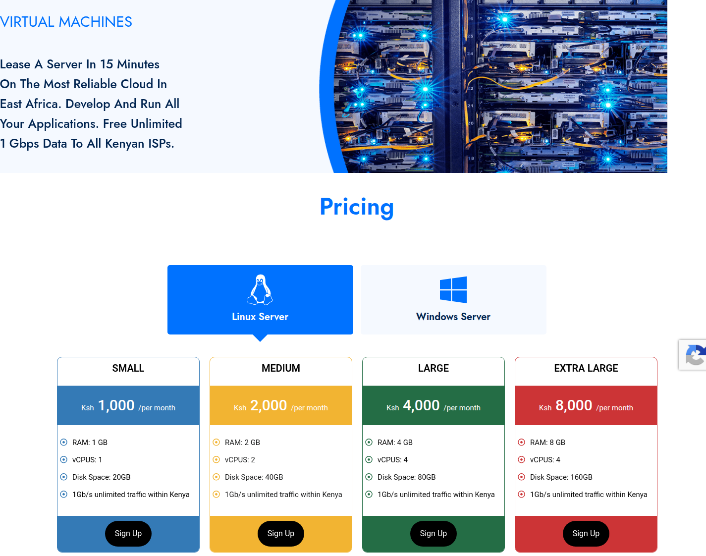 Angani's virtual machine pricing in shillings: Small, 1 GB RAM, 1 vCPU, 20 GB disk at Ksh 1,000 per month; Medium, 2 GB, 2 vCPUs, 40 GB at Ksh 2,000; Large, 4 GB, 4 vCPUs, 80 GB at Ksh 4,000; Extra Large, 8 GB, 4 vCPUs, 160 GB at Ksh 8,000; every plan with 1 Gb/s unlimited traffic within Kenya