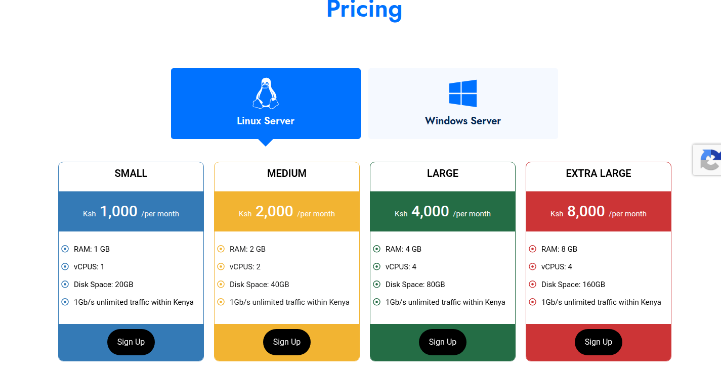 Angani Linux virtual machine pricing: Small 1 GB RAM, 1 vCPU, 20 GB disk at KSh 1,000 per month; Medium 2 GB, 2 vCPUs, 40 GB at KSh 2,000; Large 4 GB, 4 vCPUs, 80 GB at KSh 4,000; Extra Large 8 GB, 4 vCPUs, 160 GB at KSh 8,000; each with 1 Gb/s unlimited traffic within Kenya