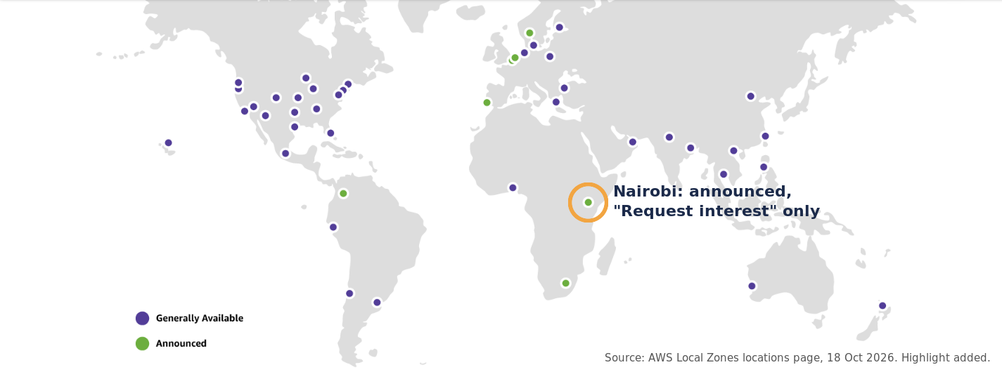 World map of AWS Local Zones: purple dots for generally available zones and green dots for announced ones, with the green Nairobi dot circled and labelled announced, request interest only