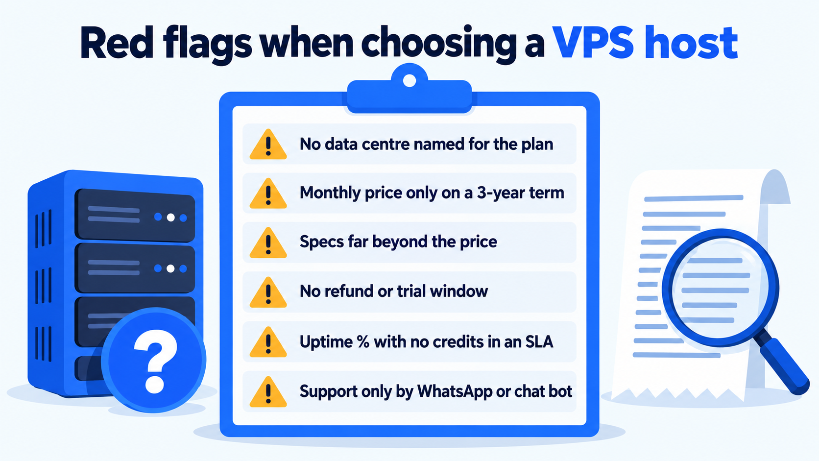 Checklist illustration of red flags when choosing a VPS host: no data centre named for the plan, monthly price only on a 3-year term, specs far beyond the price, no refund or trial window, uptime percentage with no credits in an SLA, support only by WhatsApp or chat bot