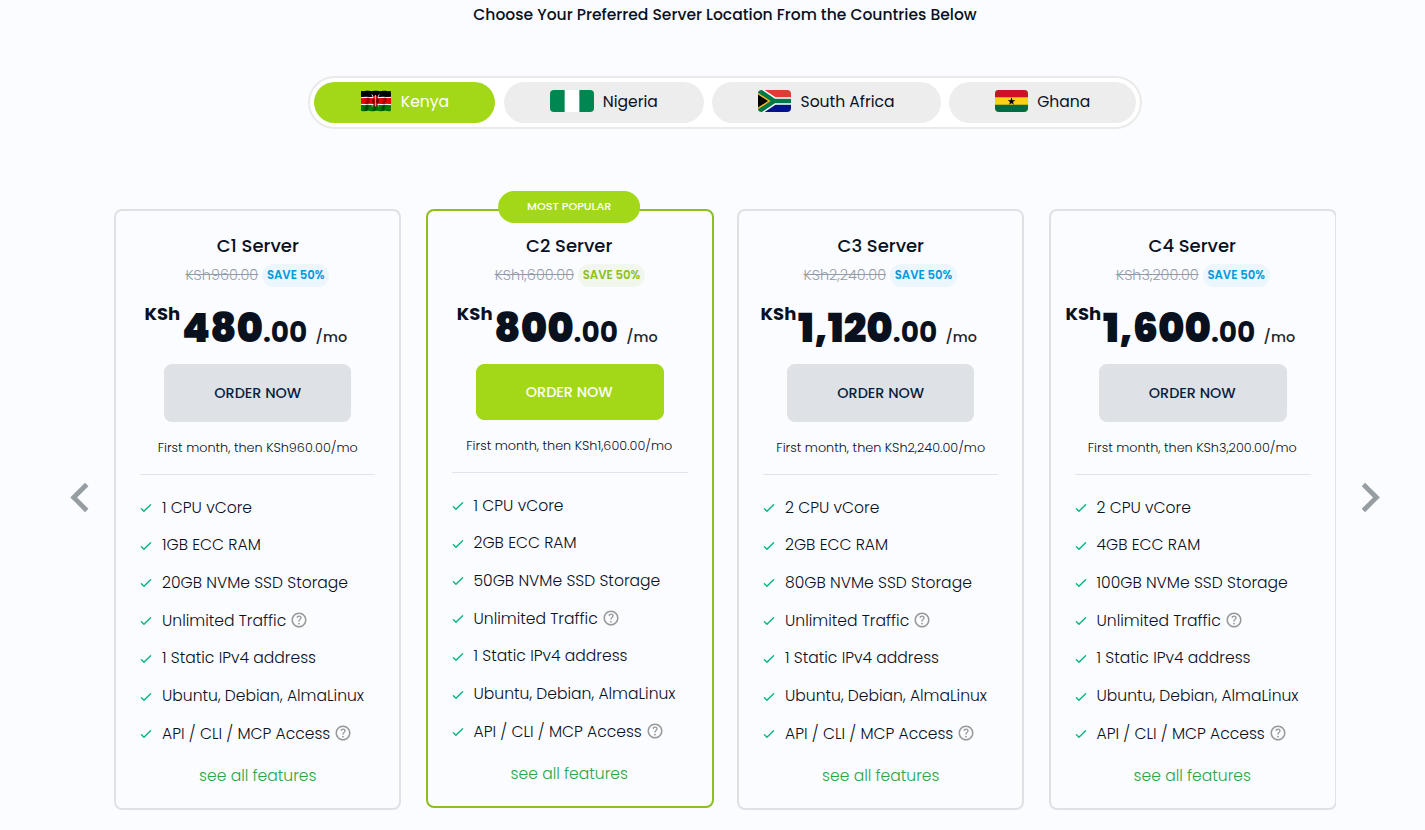 HostAfrica Linux VPS pricing with the Kenya location selected: C1 server 1 vCPU, 1 GB ECC RAM, 20 GB NVMe at KSh 480 for the first month then KSh 960; C2 2 GB at KSh 800 then KSh 1,600; C3 and C4 at KSh 1,120 and KSh 1,600 for the first month