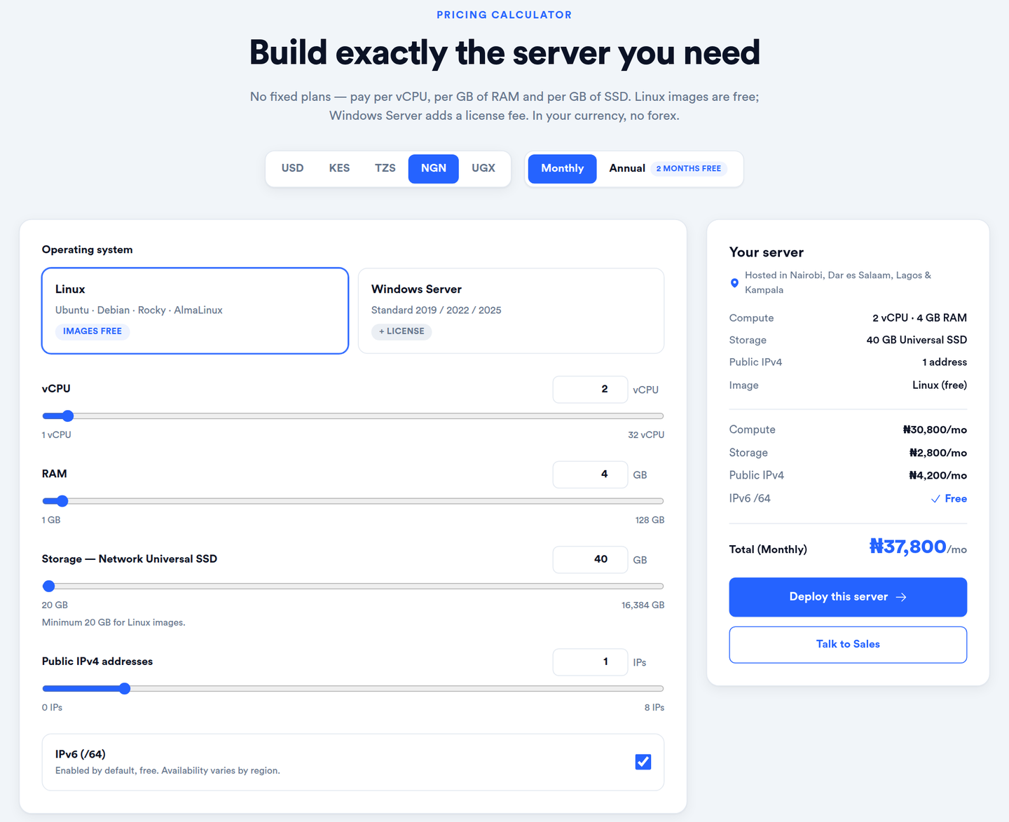 Lineserve's Cloud Server configurator on its Nigerian site with NGN and monthly billing selected: Linux image, sliders set to 2 vCPU, 4 GB RAM, 40 GB Network Universal SSD and one public IPv4 address, a summary saying hosted in Nairobi, Dar es Salaam, Lagos and Kampala, and a monthly total of ₦37,800 made up of compute ₦30,800, storage ₦2,800 and IPv4 ₦4,200, with IPv6 /64 free