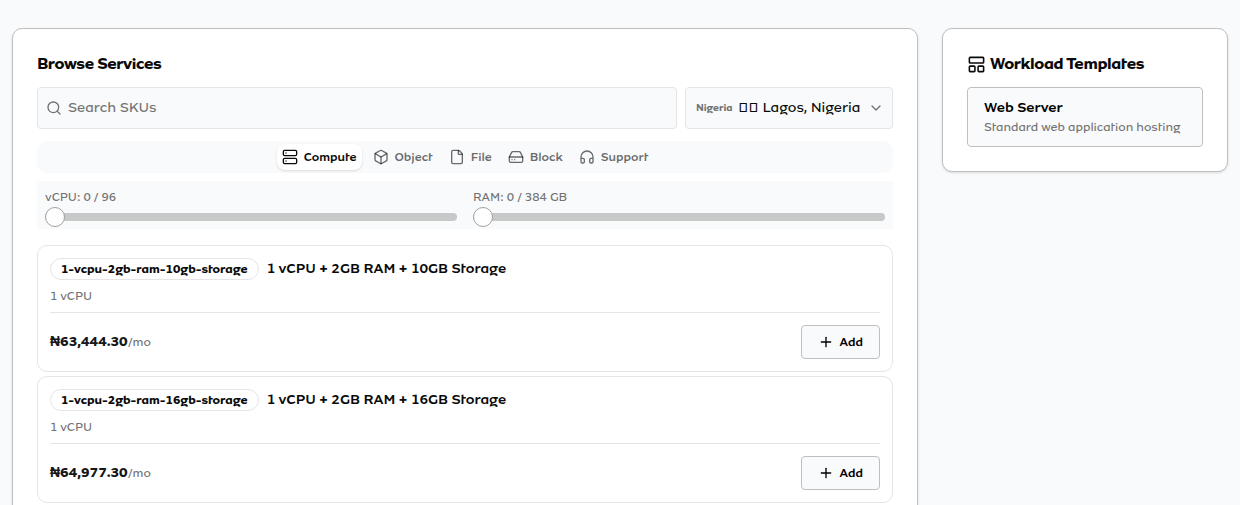 MTN Cloud's pricing calculator with the region set to Lagos, Nigeria, listing compute SKUs: 1 vCPU, 2 GB RAM and 10 GB storage at ₦63,444.30 a month, and the same with 16 GB storage at ₦64,977.30