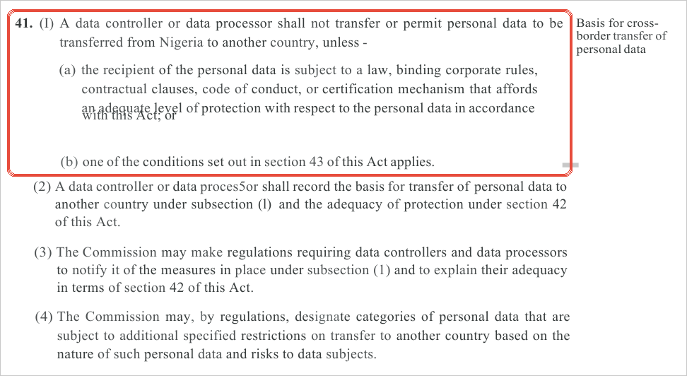 Excerpt of section 41 of the Nigeria Data Protection Act 2023, with subsection 1 highlighted: a controller or processor shall not transfer personal data from Nigeria unless the recipient is subject to a law, binding corporate rules, contractual clauses, code of conduct or certification giving adequate protection, or a section 43 condition applies
