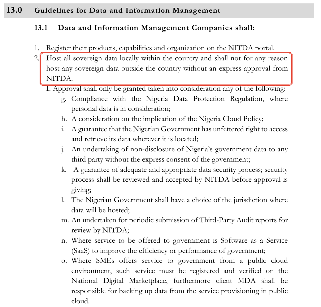 Excerpt of NITDA Guidelines section 13.1, with item 2 highlighted: host all sovereign data locally within the country and do not host any sovereign data outside the country without express approval from NITDA, followed by approval conditions g to o