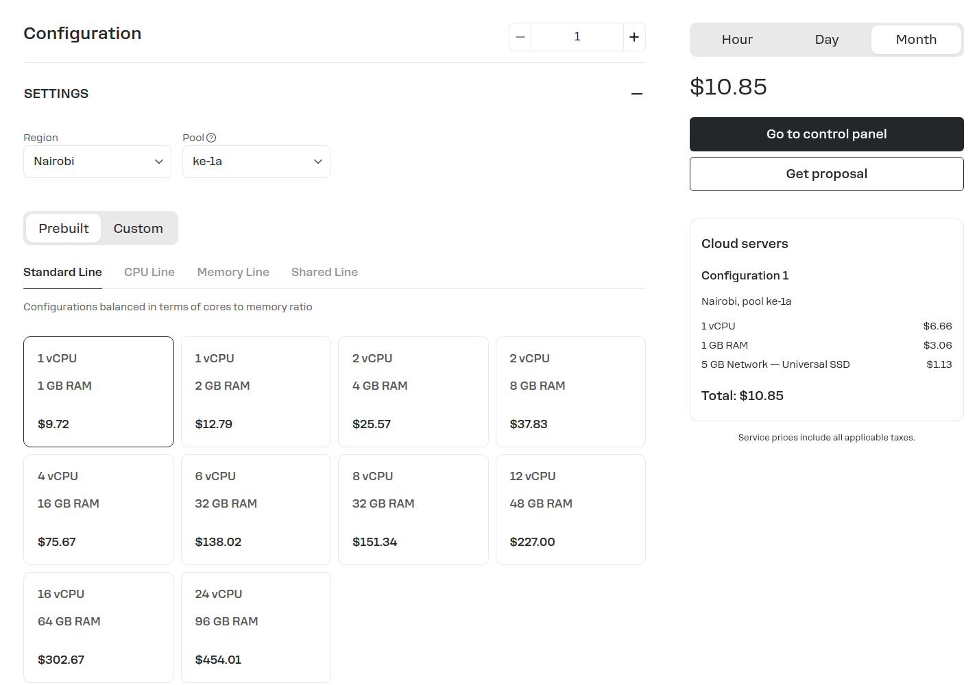 Servercore cloud price calculator with region Nairobi and pool ke-1a selected, showing Standard Line prebuilt configurations from 1 vCPU and 1 GB RAM at $9.72 per month, and a summary of $10.85 a month for 1 vCPU, 1 GB RAM and a 5 GB network SSD, with a note that service prices include all applicable taxes